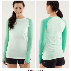Swiftly Tech Long Sleeve- Green/Teal Colour Block Size 10